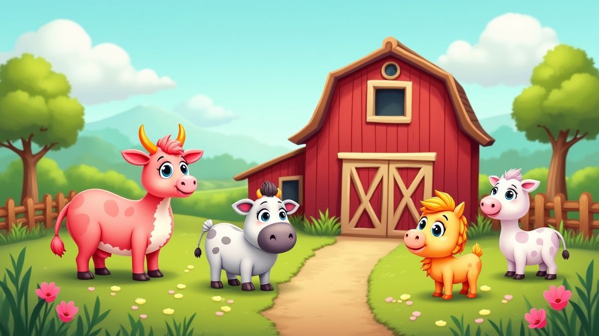 Animated farm scene with fun animals.