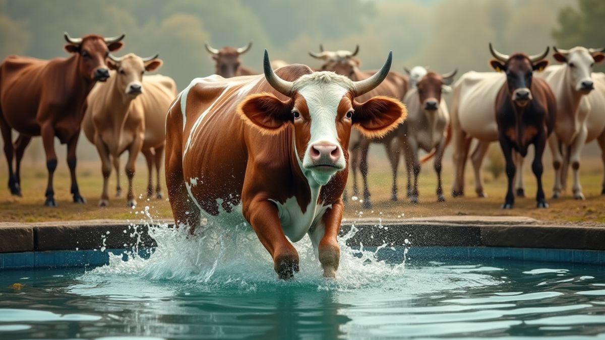 Cow performing a jump with animated animals cheering her on.