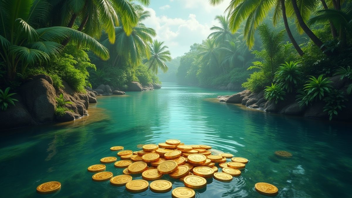 Scène van een tropische rivier met gouden munten en weelderige vegetatie.