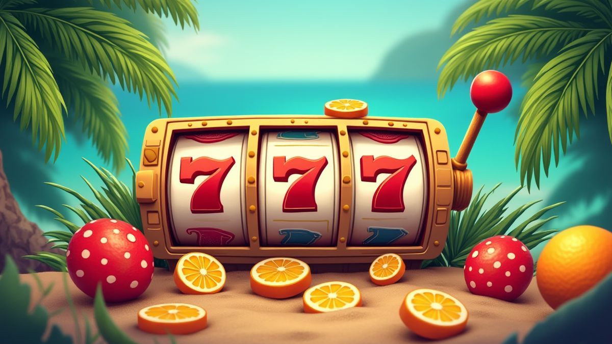 Retro symbolen van een slot met een achtergrond van tropische thematiek.