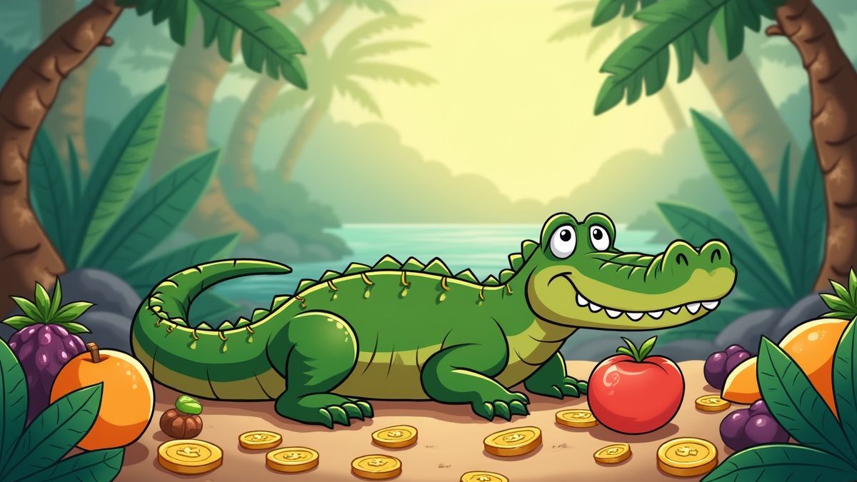 Geanimeerde krokodil die ontspant met tropisch fruit en munten.