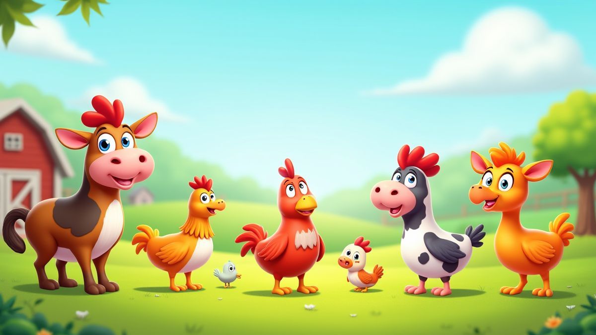 A colorful farm with animated animals under a sunny sky.