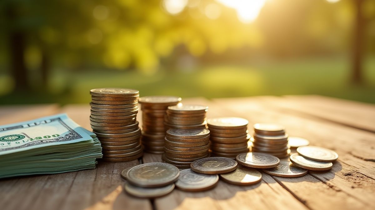 Stacks of coins and bills on a farm table under sunlight.