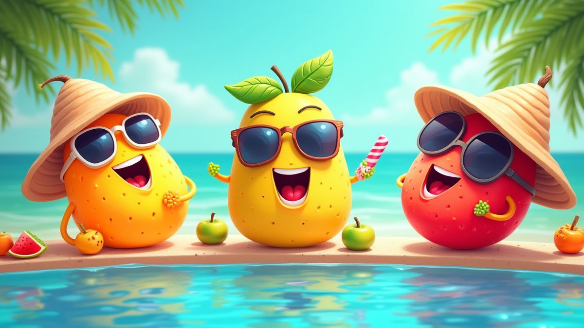 Frutas tropicales con gafas de sol y sombreros en una fiesta junto a la piscina.