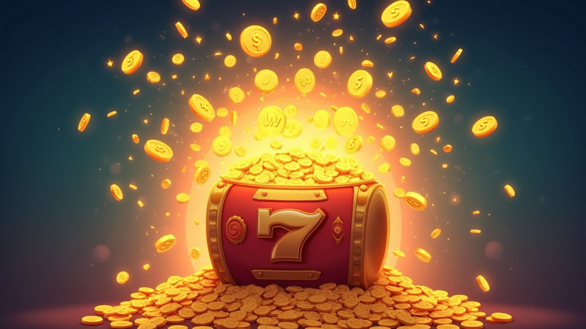 Un jackpot explota con monedas y confeti.