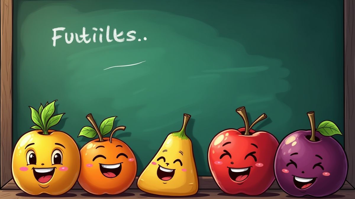 Frutas animadas enseñando reglas de slots en una pizarra.