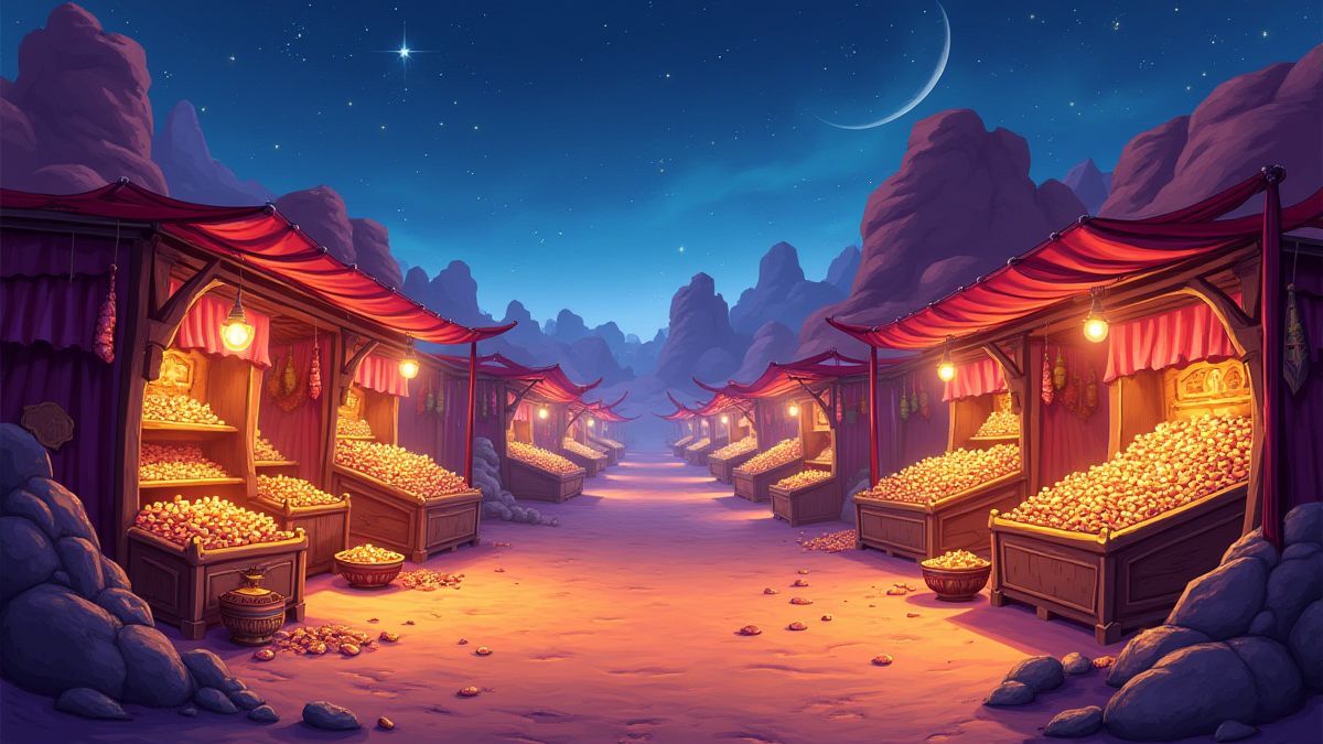 Desert market filled with treasures and magic lamps.