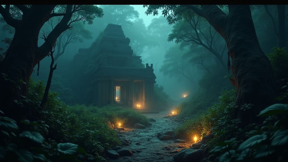 Eine mystische Dschungellandschaft mit alten Ruinen und leuchtenden Schätzen.