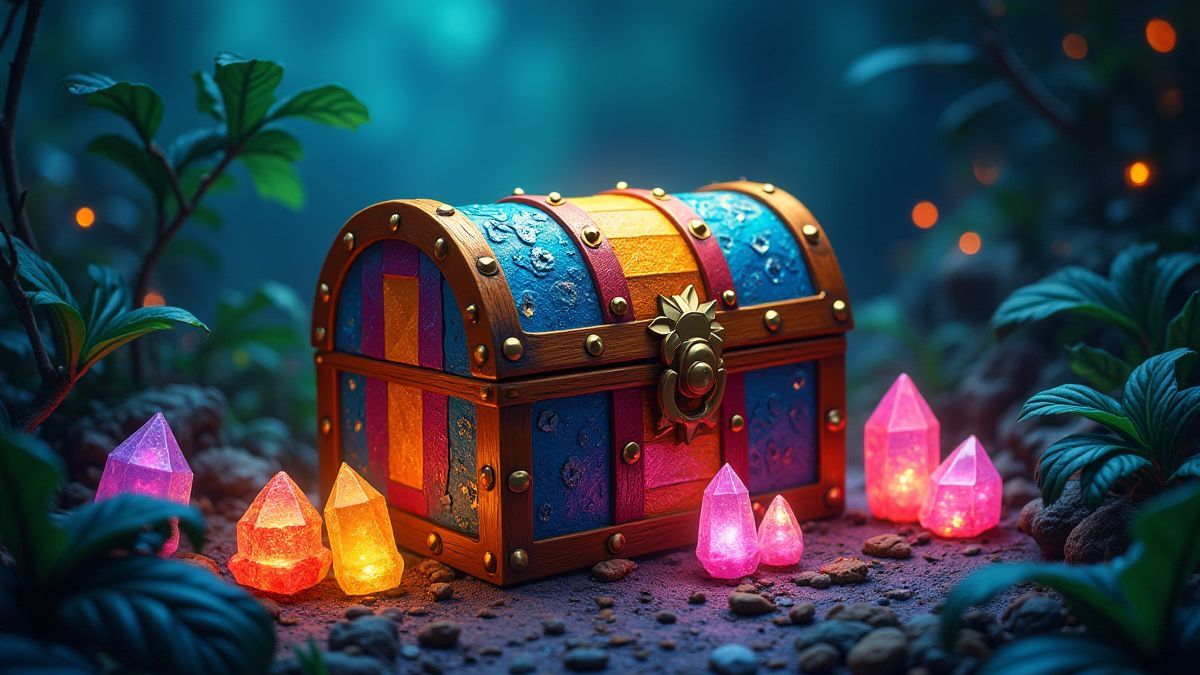 Eine Schatztruhe umgeben von Dschungelpflanzen und leuchtenden Kristallen.