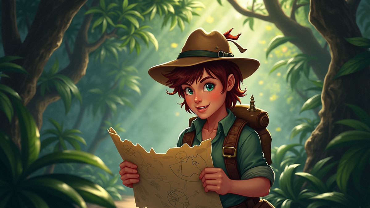 Ein Abenteurer, der eine Karte hält, umgeben von Dschungel und Schatzhinweisen.