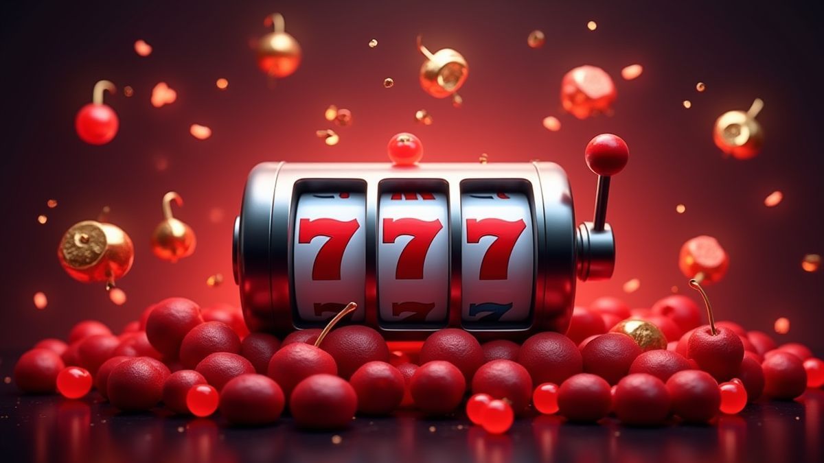 Slot machine with cherries and bells surrounded by multipliers.