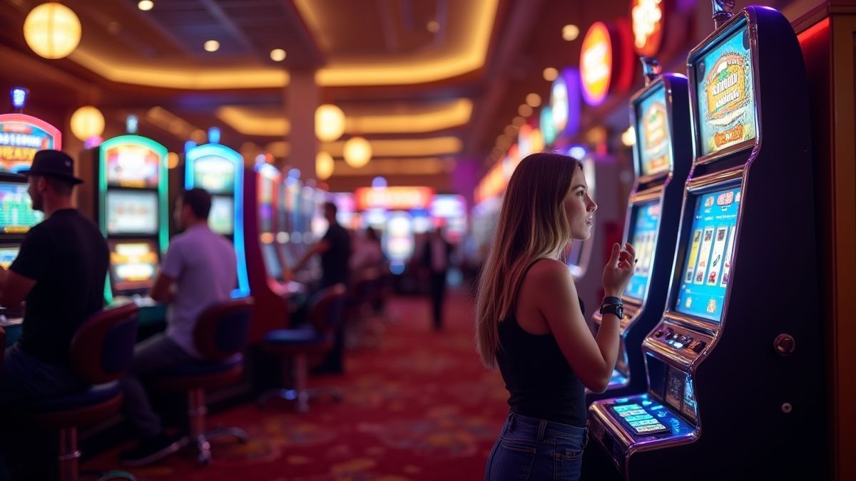 Players celebrating in a casino around a slot machine.