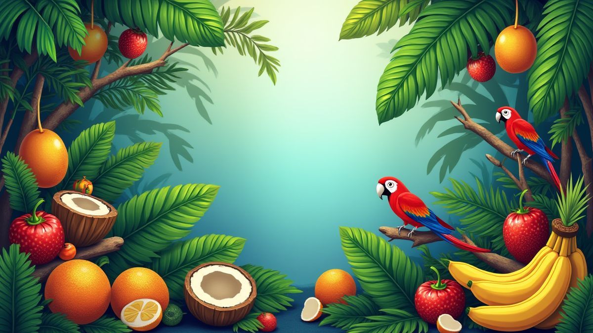 A tropical jungle scene with exotic fruits and animals.