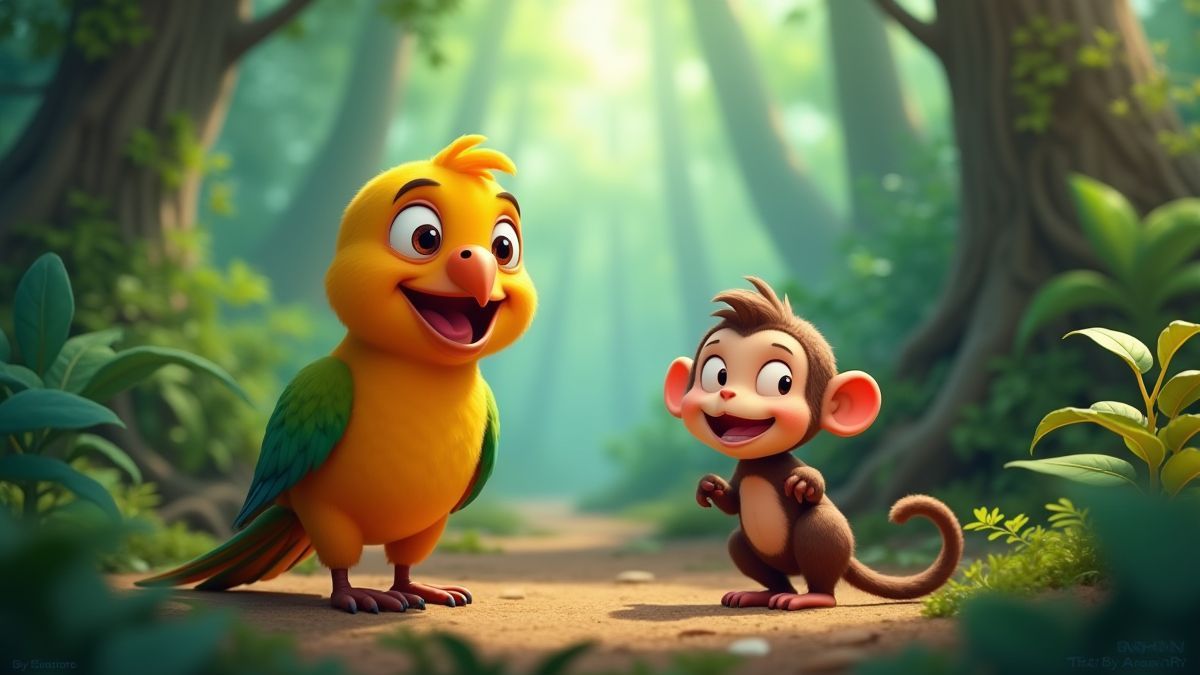 An animated parrot and monkey in a colorful jungle setting.