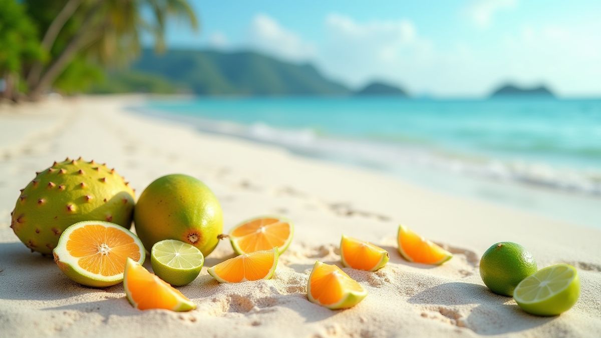 Ein tropischer Strand mit exotischen Früchten wie Jackfruit und Limetten.