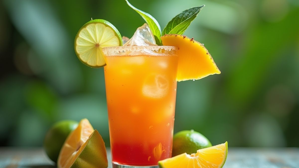 Ein lebendiger Cocktail, verziert mit tropischen Früchten wie Limette und Jackfruit.