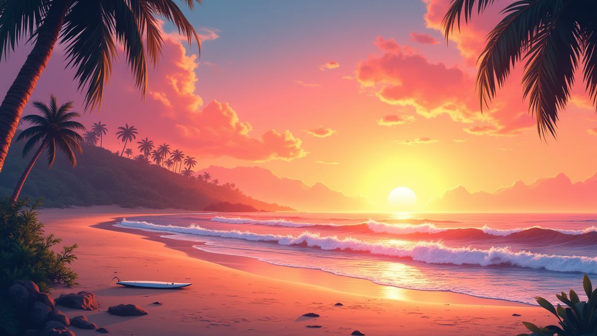Ein animierter tropischer Strand bei Sonnenuntergang mit Surfern und Palmen.
