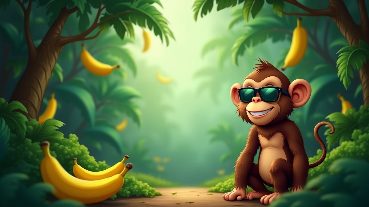 An animated jungle with a monkey wearing sunglasses.