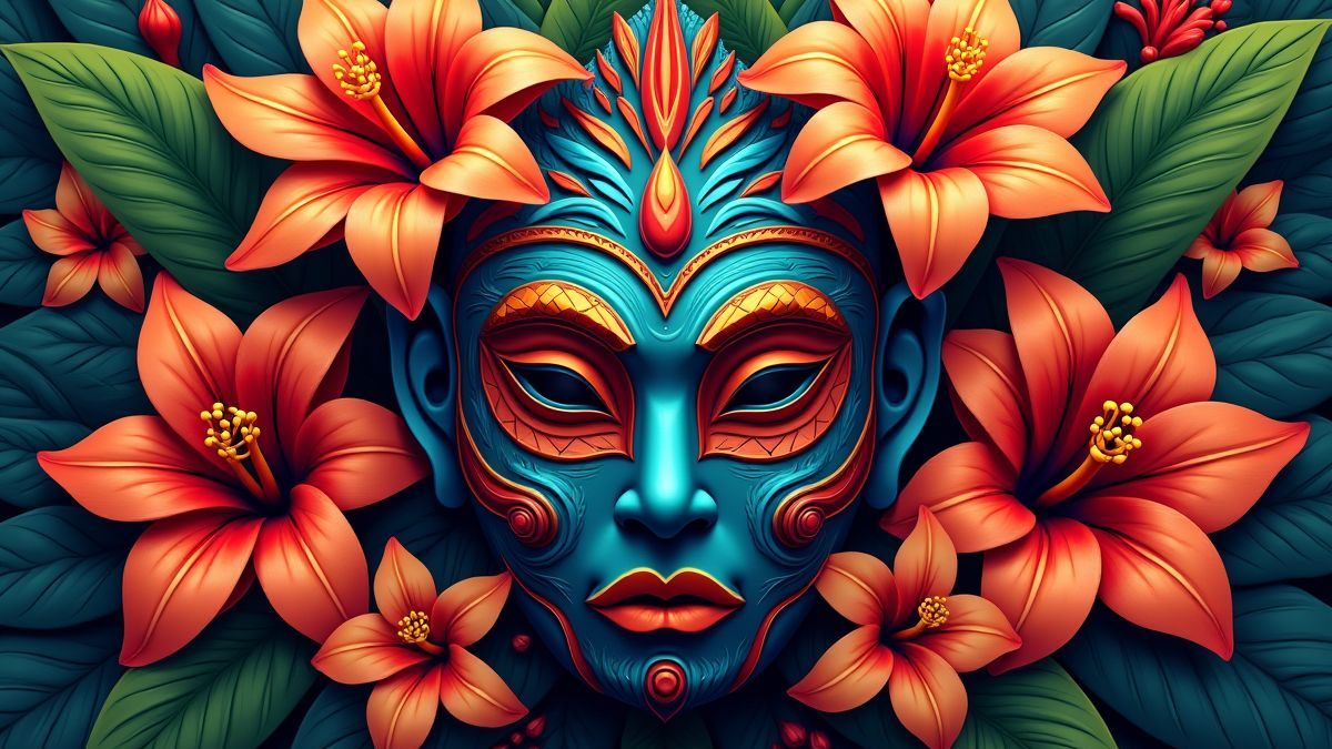 A tribal mask surrounded by tropical flowers.