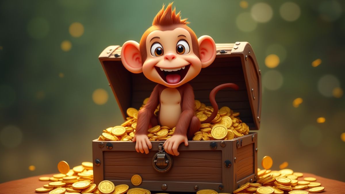 A happy monkey sitting on a chest full of coins and bananas.