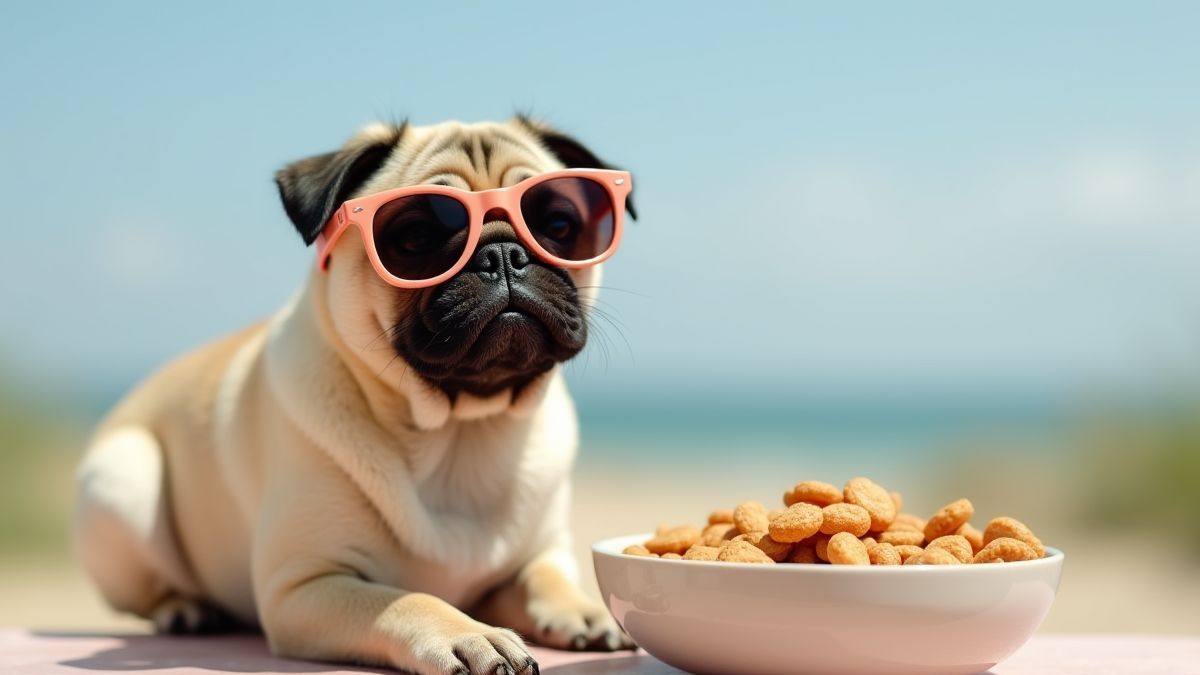 Un pug avec des lunettes de soleil à côté d'un bol de friandises pour chiens.