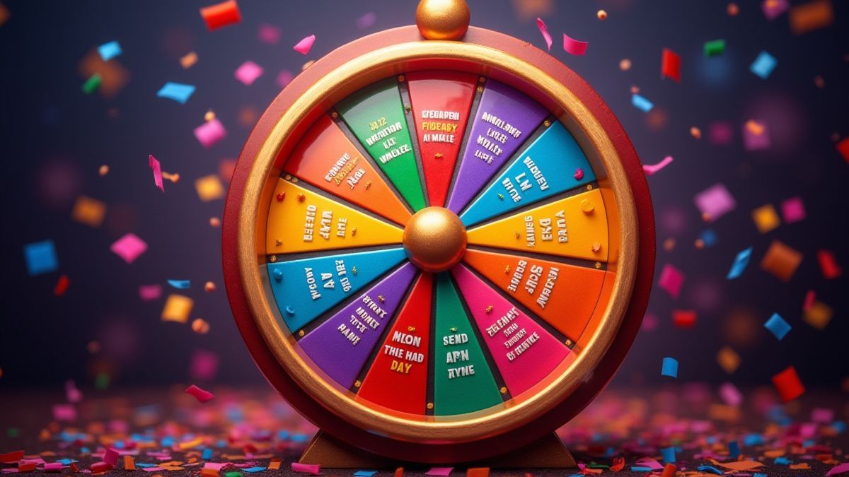 Une roue de la fortune tournant avec des couleurs vives et du confetti.
