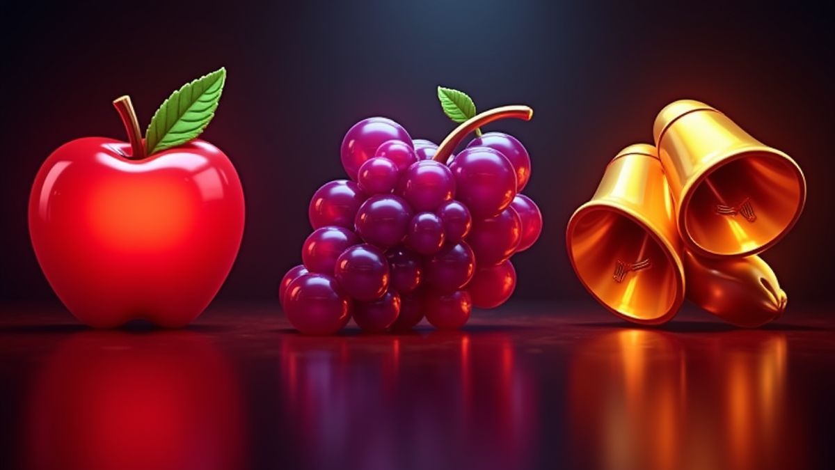 Symboles classiques de fruits brillants sur un fond d'arcade rétro.