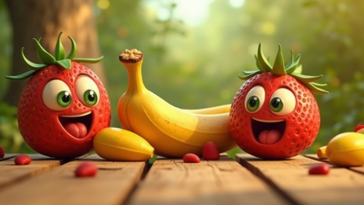 Fruits animés jouant dans un jardin en bois.