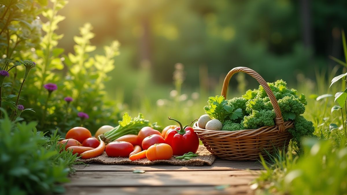 Légumes animés profitant d'un pique-nique dans un jardin en bois.