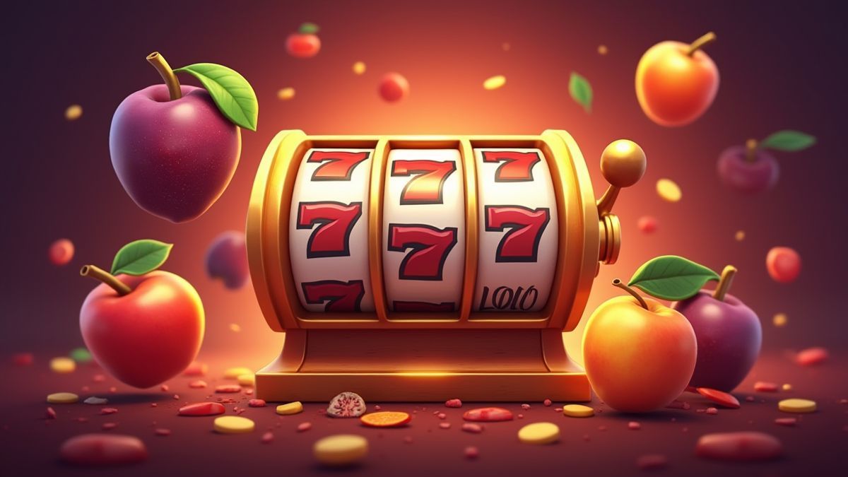 Fruits animés célébrant autour d'une machine à sous.