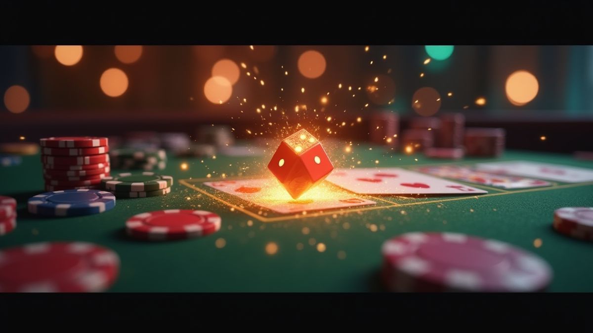 Glanzende dobbelstenen op een casinotafel omringd door fiches en kaarten.