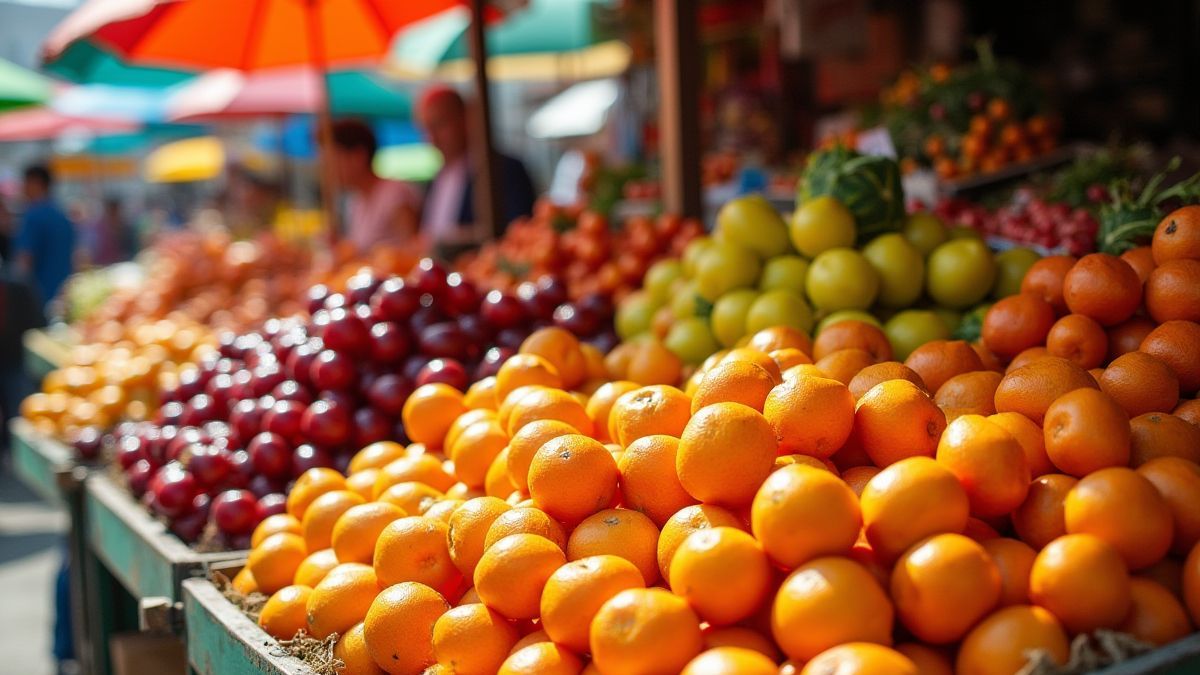 Marktstand voller frischer Früchte unter sonnigem Himmel.