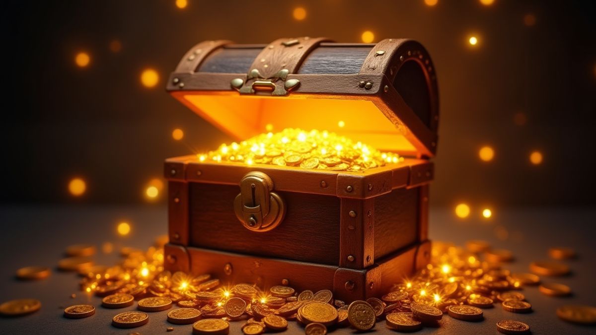 Ein Schatzkiste umgeben von goldenen Münzen mit einer magischen Aura.