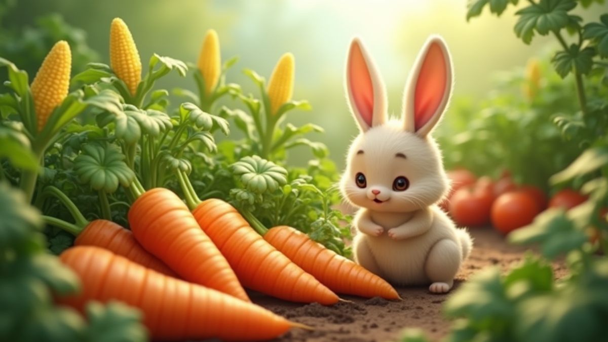 Um jardim de vegetais com cenouras animadas e um coelho brincalhão.