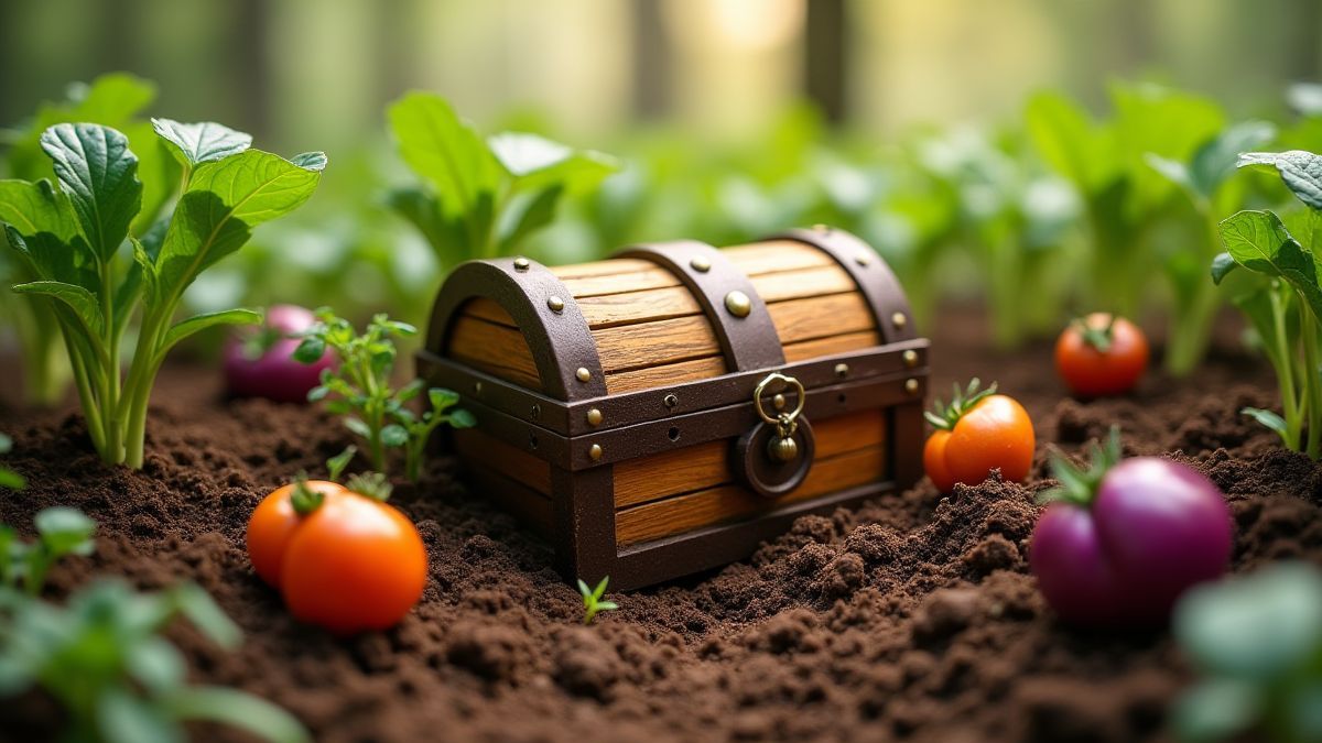 Um baú do tesouro escondido entre vegetais animados.