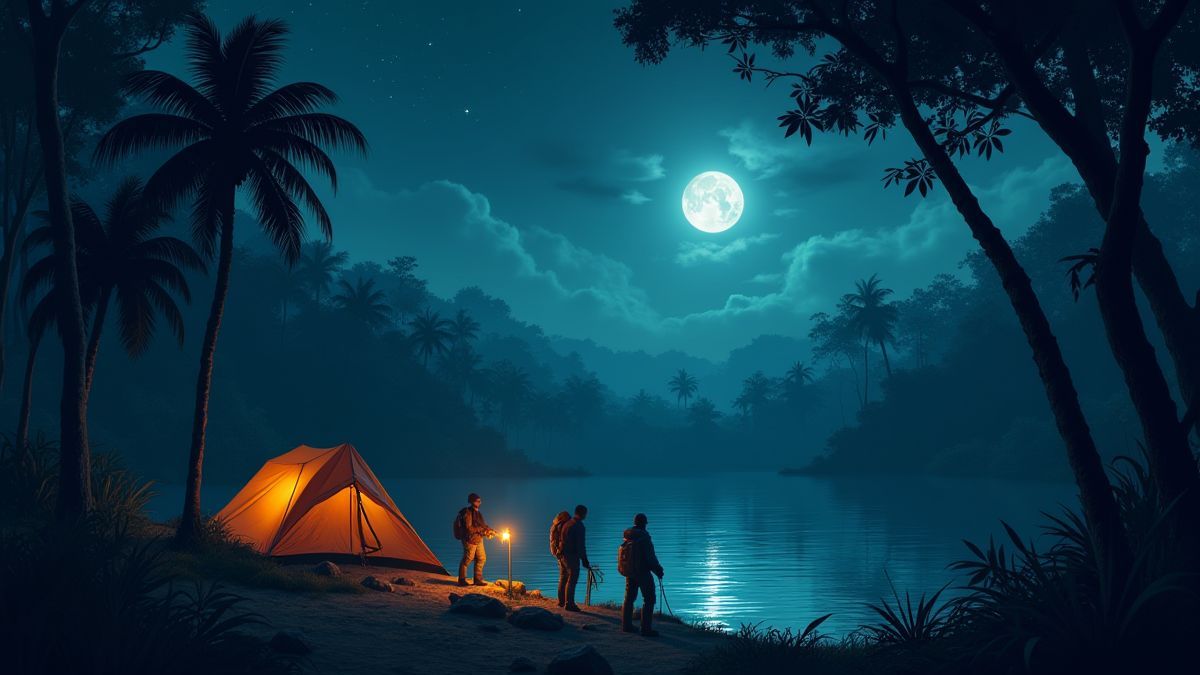 Un equipo de expedición en la selva amazónica junto a una laguna bajo la luz de la luna.