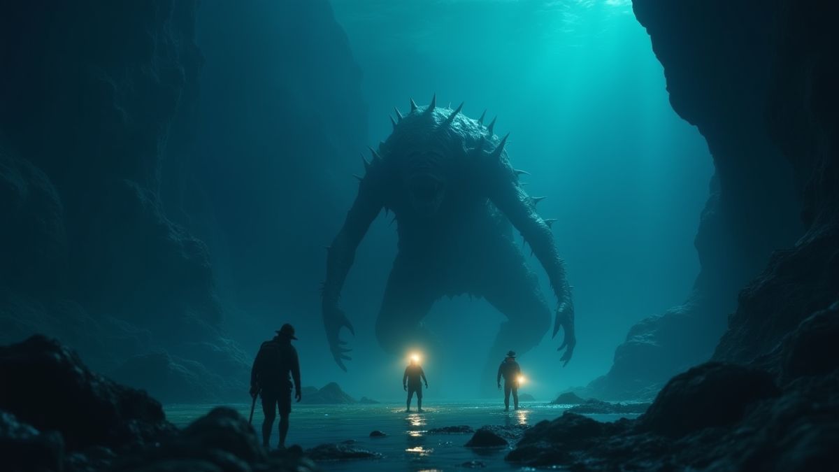 Un monstruo acechando bajo el agua mientras los exploradores buscan con linternas.
