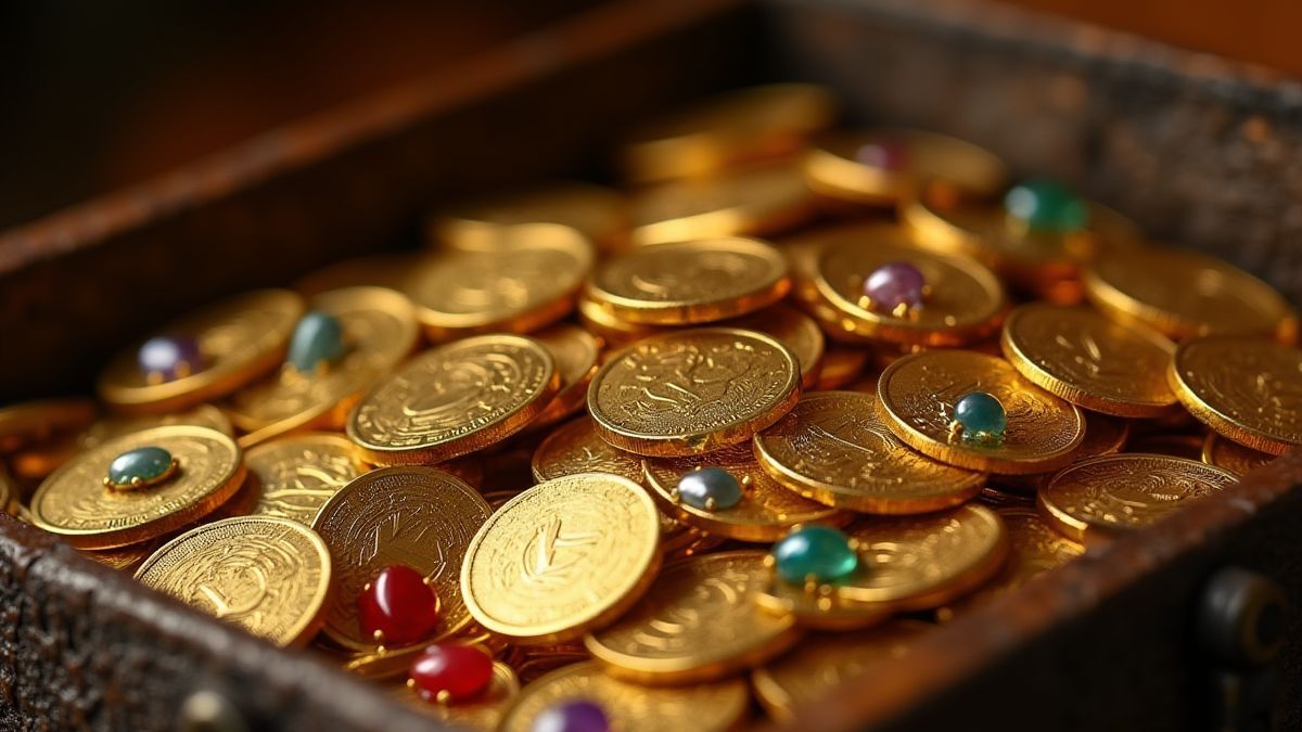 Cofre del tesoro lleno de monedas doradas y joyas.