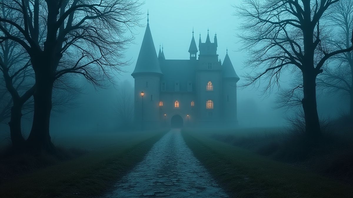 Camino cubierto de niebla hacia un castillo espeluznante con ventanas iluminadas.