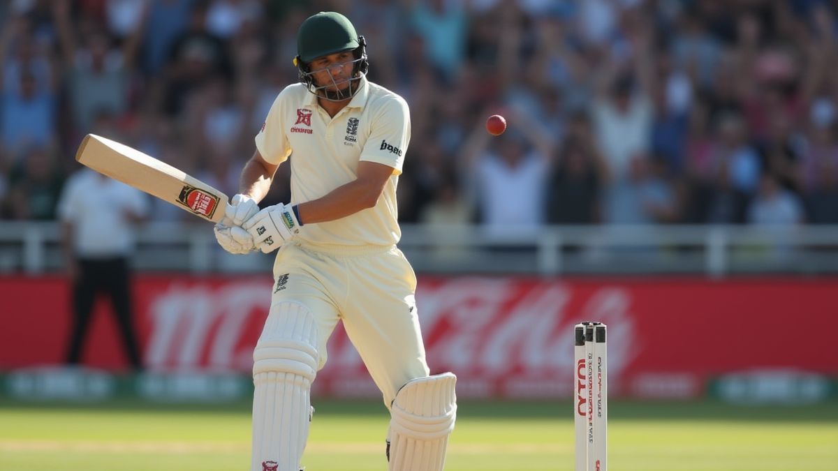 Cricket player hitting a ball while fans cheer.