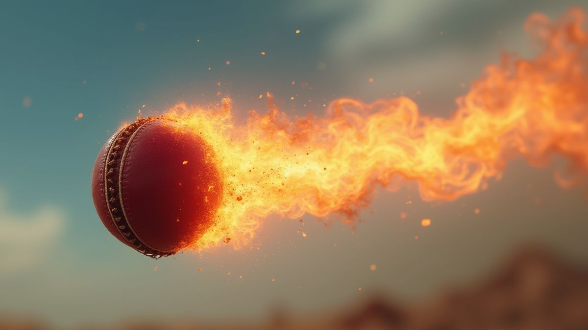 A burning cricket ball soaring through the sky.