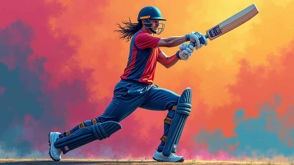 A cricket player striking the ball in mid-motion.