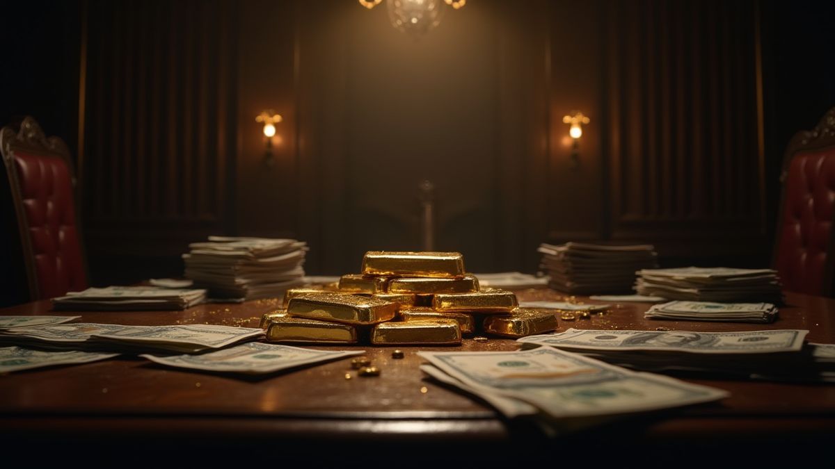 Una sala de reunión mafiosa con pilas de dinero y lingotes de oro.