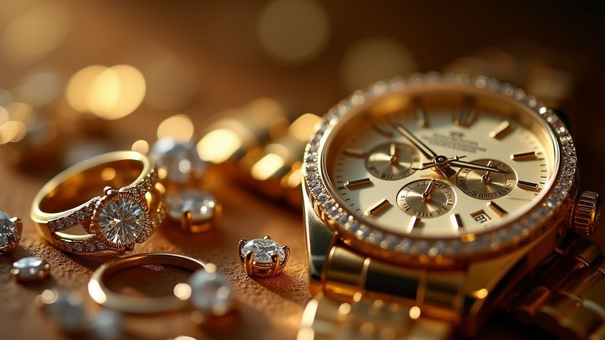 Relojes de oro y anillos de diamantes en primer plano.