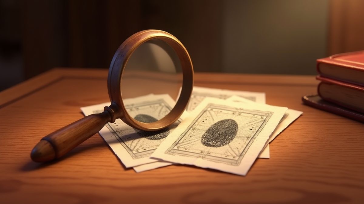 Uma lupa e cartões de impressões sobre uma mesa de madeira.