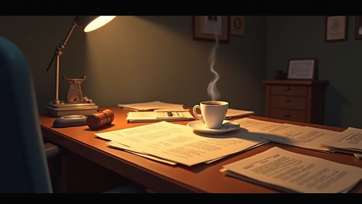 Uma mesa de detetive com arquivos e uma xícara de café.