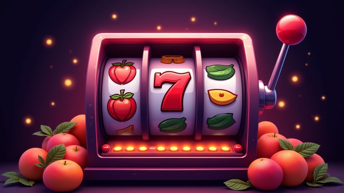 Classic slot machine with fruit and bell symbols.