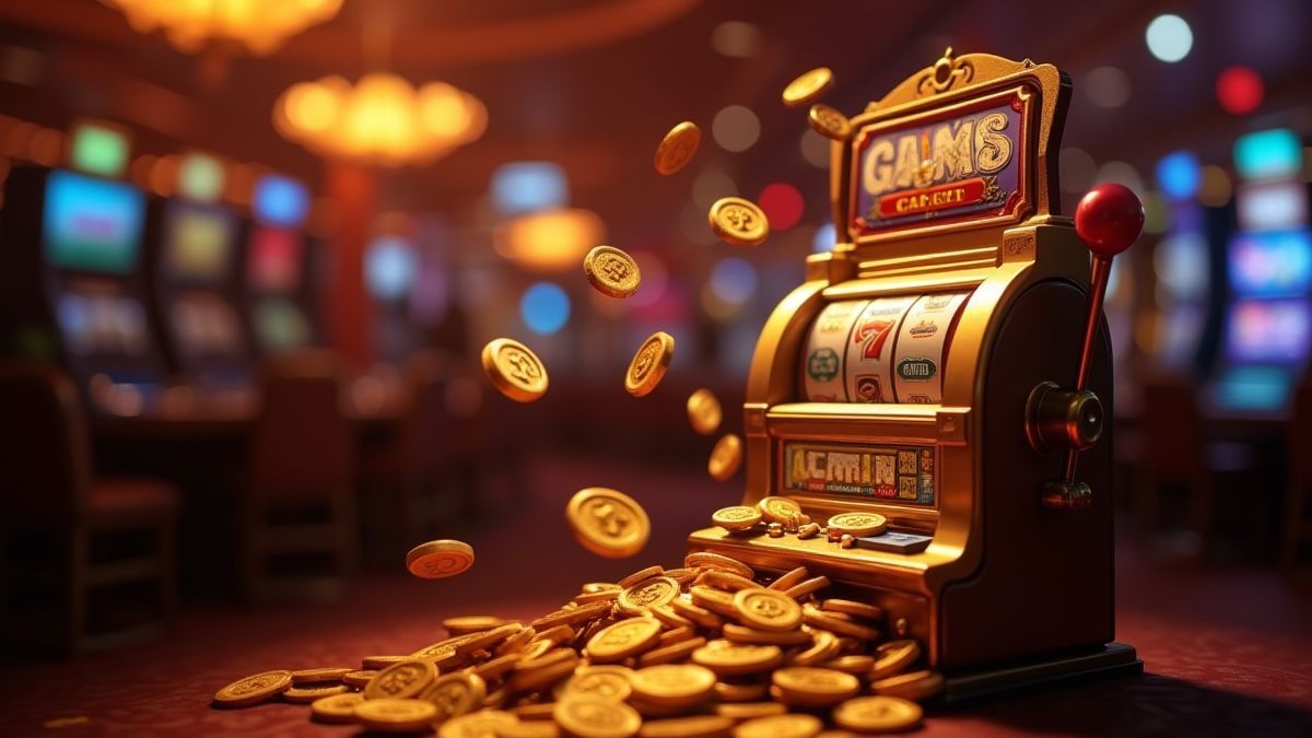 Coins flying out of a classic slot machine in a glowing casino.
