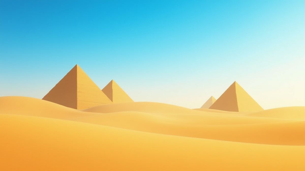 Een Egyptische woestijn met piramides en gouden zand onder een blauwe lucht.