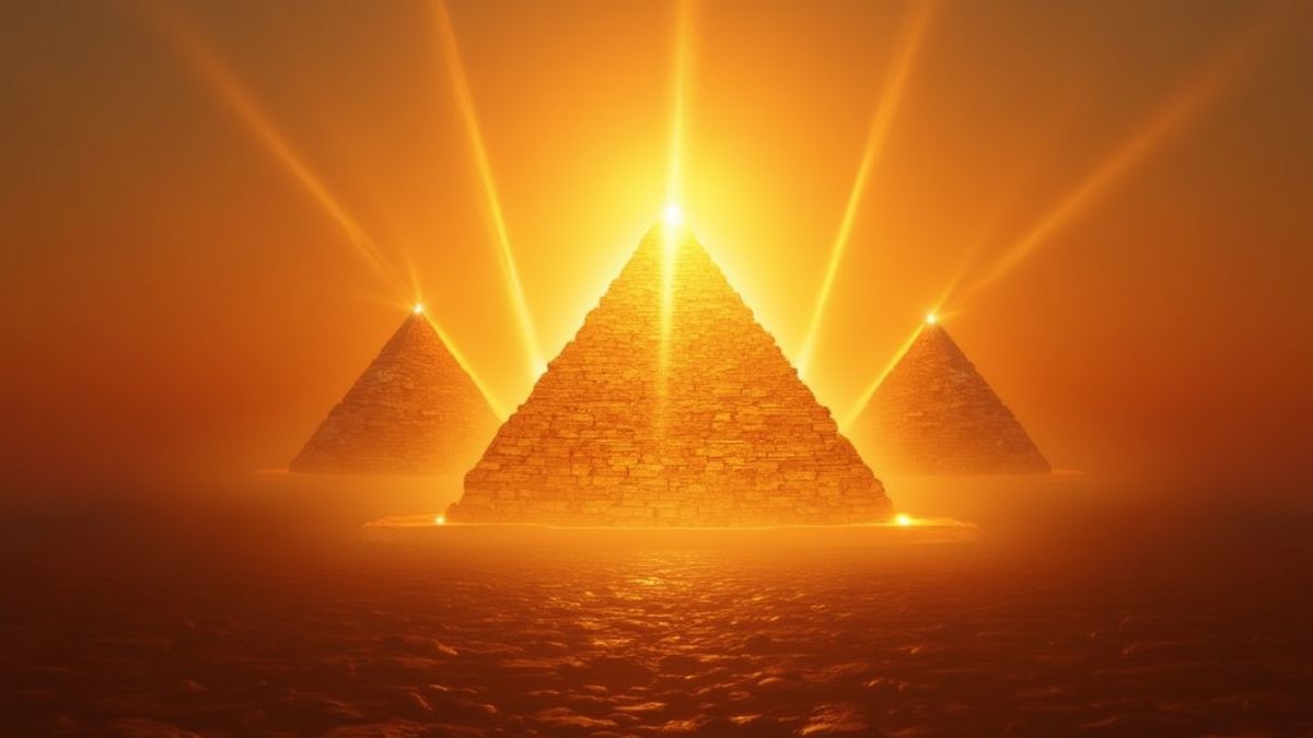 Gouden piramides met stralende lichtbundels tijdens een zonsondergang.